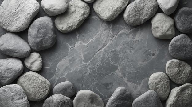An arrangement of smooth, gray river rocks encircles a textured stone surface creating a calming, natural border with neutral tones and textures. photo