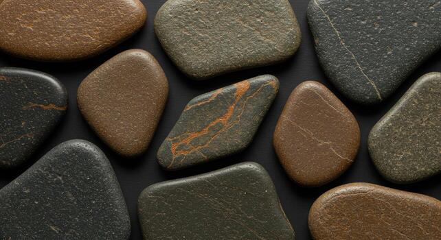 Group of smooth, rounded, and colorful stones arranged on a dark surface creating a natural and calming zen-like textured background pattern. photo
