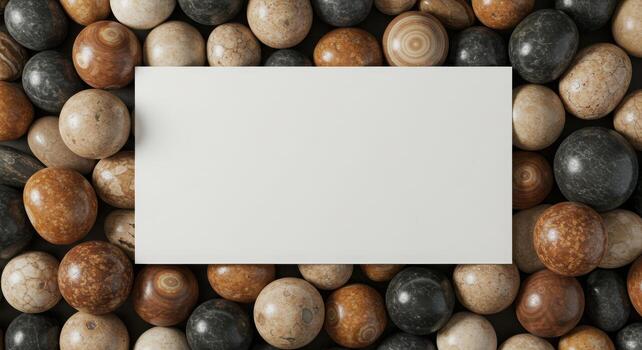 Blank white card rests on a bed of smooth, round, multicolored pebbles creating a natural and textured background for text and graphic overlay. photo