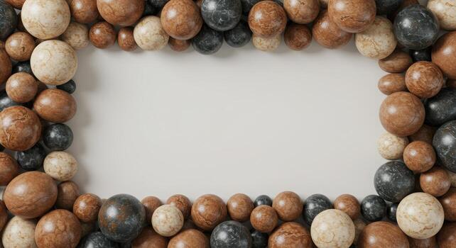 An elegant frame is made of decorative stone balls in shades of brown, black, and beige, creating a refined and textured border background. photo