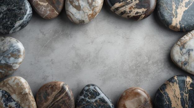Polished stones are arranged in a frame formation creating a natural background on a gray surface perfect for text and presentation use. photo