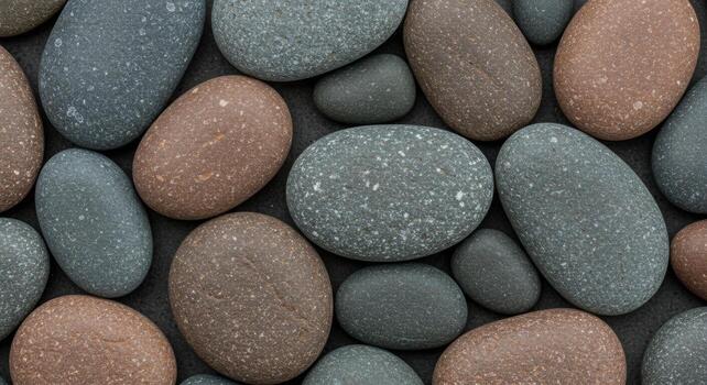 An overhead close up shows assorted smooth beach pebbles in gray and brown tones creating a natural textured zen arrangement pattern. photo