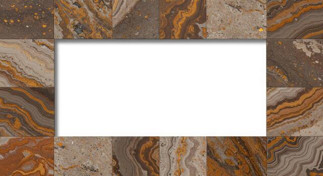 An empty rectangular copy space is enclosed by uniquely patterned travertine tiles of varying hues for use as a graphic design element. photo