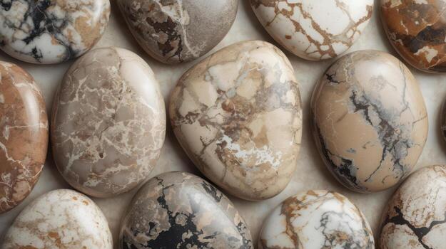 Collection of tumbled Picasso jasper stones showing smooth surfaces and unique patterns of brown, beige, and gray shades, set close together. photo