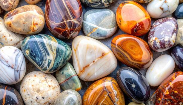 Polished colorful pebbles show various patterns and textures filling the entire frame creating a natural abstract artistic background image. photo