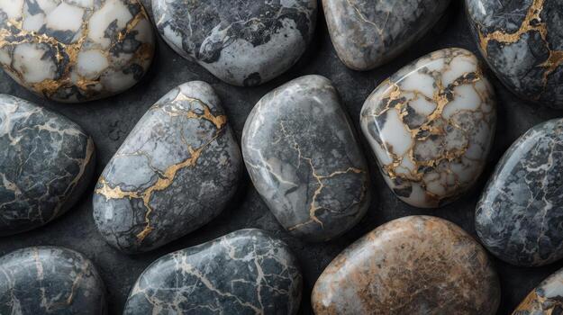 Close-up view shows gray stones with golden veins creating an abstract pattern, providing a textured natural artistic aesthetic backdrop. photo