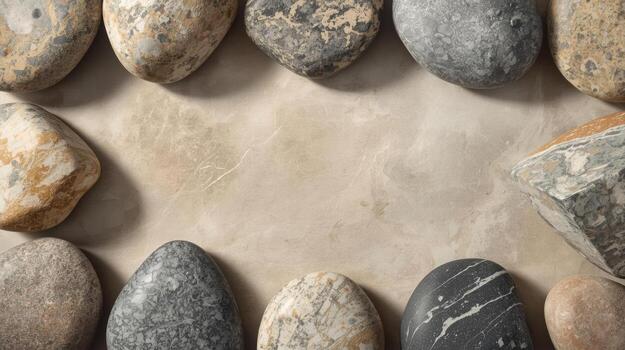 Various rounded stones in different colors create a natural border frame around a textured light beige background with empty space inside. photo
