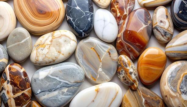 A smooth collection of various colorful and patterned rocks and stones are displayed together on a textured white surface, close up view. photo