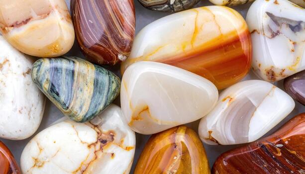 An overhead macro shot showcases a colorful variety of polished agate stones with interesting patterns and smooth surfaces, perfect for design. photo