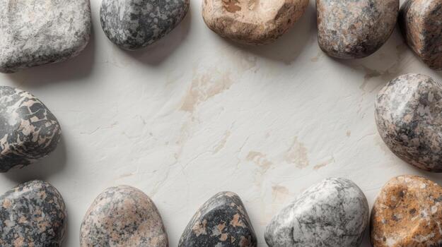 Smooth river stones of various colors frame a textured off white surface creating a natural and calming background design element perfect for text. photo