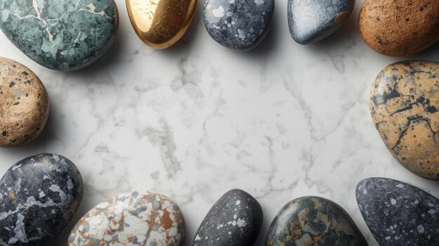 An assortment of colorful smooth stones are arranged creatively around a white marble surface creating a visually appealing artistic pattern. photo