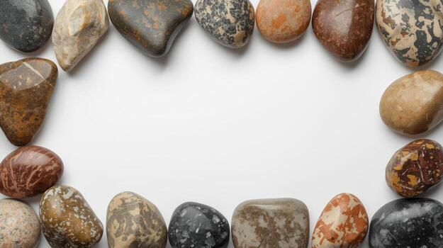 Smooth river stones arranged in a rectangular border frame with copy space in the middle on a clean white background create a natural design. photo
