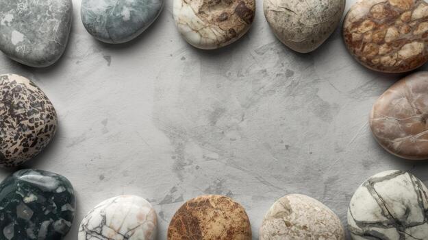 An arrangement of smooth natural stones with varied colors and textures encircles an empty gray textured surface creating a calming pattern. photo