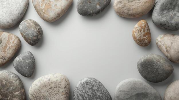 Smooth stones of varying shapes and colors are arranged on a light background creating a frame around an empty space, suitable for text. photo