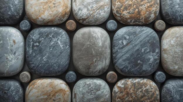 Close up of a wall with decorative smooth rocks, each exhibiting diverse textures and colors, creating an attractive surface design. photo