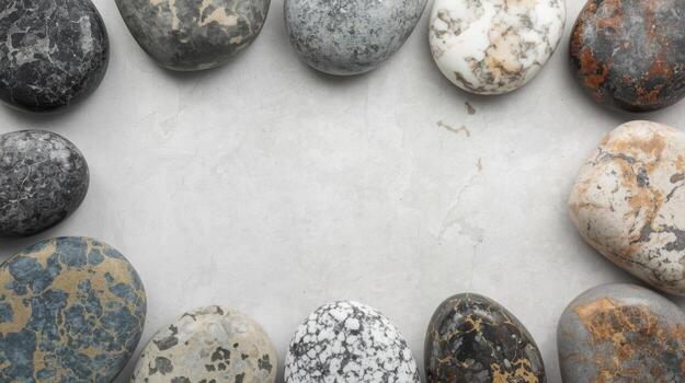 A top down view of smooth, round pebbles arranged in an oval frame on a light gray textured surface creates a serene natural backdrop. photo