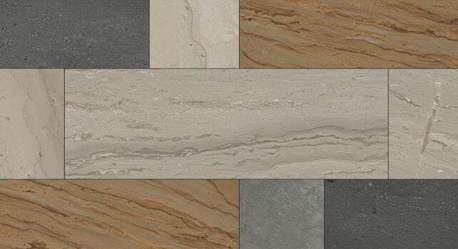 An arrangement of diverse stone tiles showcasing various textures and patterns, creating a naturally elegant, earthy visual texture overall. photo