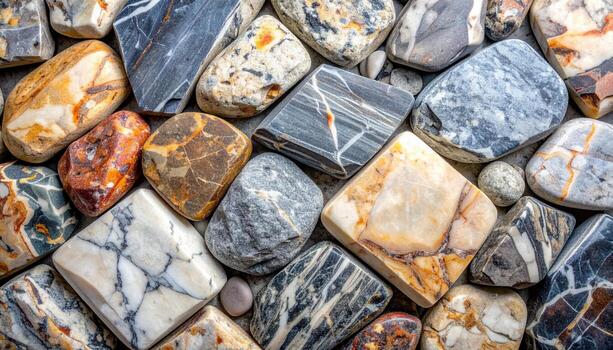 An artistic collection of smooth colorful stones with unique patterns and textures are beautifully arranged together in a natural setting. photo