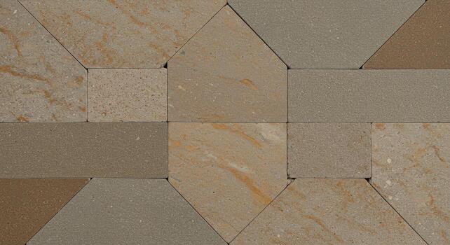 The arrangement of various shaped tiles in earthy brown and beige tones creates a textured and geometric surface design for backgrounds. photo