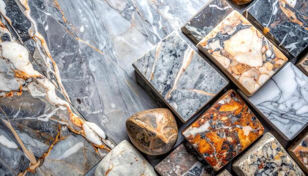 A variety of natural stone tiles and river rocks showcase unique textures and patterns for design inspiration on a flat surface backdrop. photo