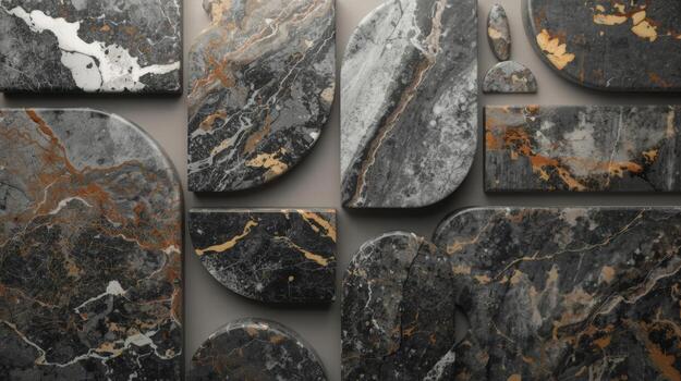 A modern arrangement of geometric shapes displaying intricate black marble patterns with white and gold veining on a neutral background for design. photo