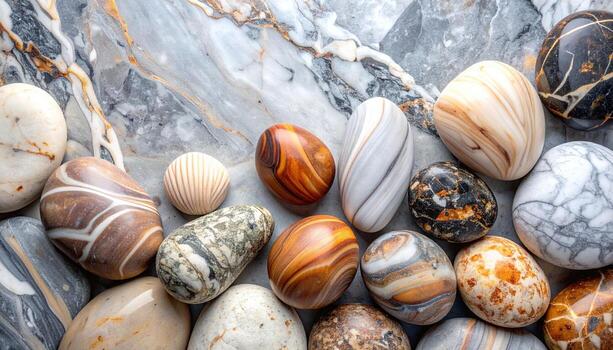 Collection of polished natural stones with swirling patterns scattered on marbled surface creating a captivating and textured background aesthetic. photo