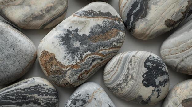 grupo de suave pulido ágata piedras mostrando único arremolinándose patrones y terroso tonos de marrón, gris, y blanco en un neutral antecedentes. foto