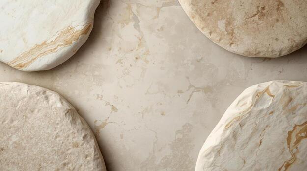 Four pieces of natural stone with rough edges are arranged around a neutral background, creating a clean and minimalist composition. photo