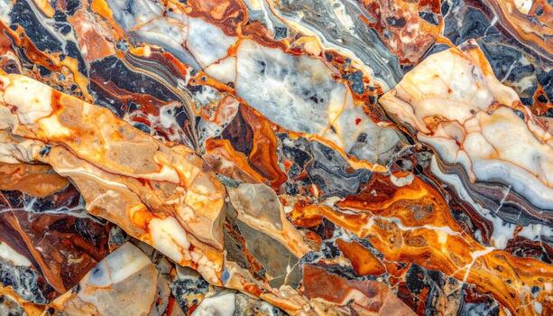 Close-up shows intricate patterns of colorful rock formations with swirling bands of brown, orange, gray, and white natural stone textures. photo
