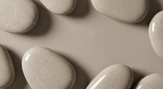 Smooth beige pebbles are arranged around a neutral background to create a calming and natural organic frame for text or copy space. photo