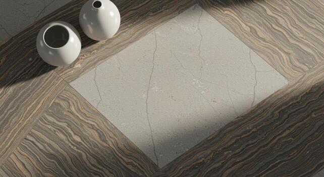 Two elegant white vases sit atop a stylish floor design featu a light square inlay and decorative wood patterned border in soft light. photo