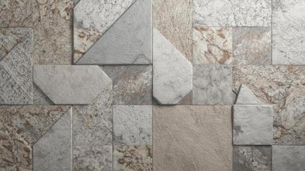 An intricate geometric pattern of stone tiles in varying shades of gray, brown, and beige creates a unique textural background design element. photo