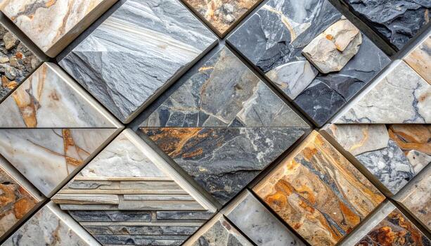 Close up of decorative square stone tiles arranged in diamond shapes creating a mosaic pattern for textured architectural backdrop design. photo