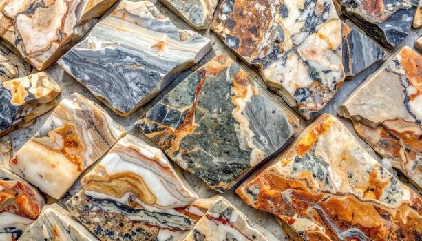 un intrincado arreglo de irregularmente conformado mármol Roca losas exhibiendo un diverso rango de terroso colores y único veteado patrones. foto