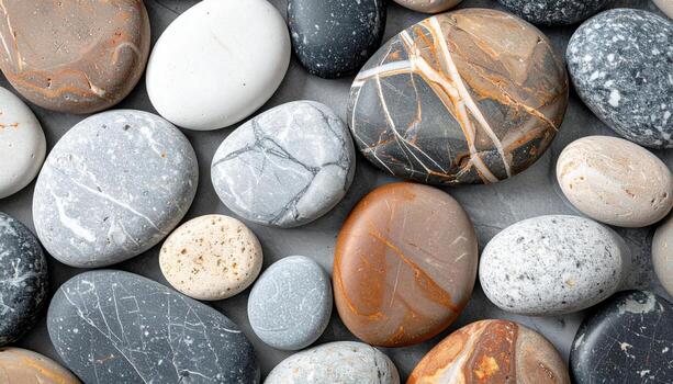 A close up shot shows a variety of smooth beach pebbles with different colors and patterns arranged randomly on a gray textured surface. photo