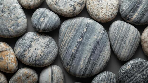 A collection of smooth, rounded pebbles with unique patterns and textures are beautifully arranged on a gray surface creating visual interest. photo