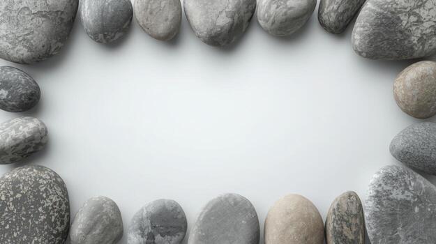 Several smooth grey stones form a natural frame around a white blank space offe a simple yet sophisticated neutral textured background. photo