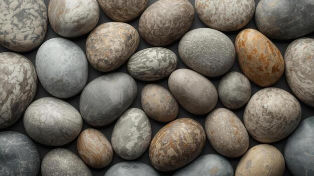 An assortment of smooth, rounded pebbles in various shades of gray, brown, and tan are arranged closely together creating a textured background. photo