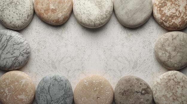 Smooth round stones of varying colors and textures are arranged in a border, creating a natural and calming frame on a neutral background. photo