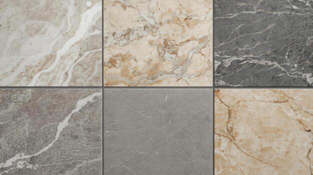 Six assorted square ceramic tiles display unique textures and patterns resembling natural stone in varying shades of gray and beige for home decor. photo