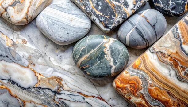 A collection of smooth, polished stones with unique and diverse patterns rests gracefully on a marbled surface creating a soothing background texture. photo