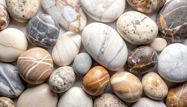 A collection of smooth beach stones with various colors and patterns are scattered on a white surface creating a textured neutral background. photo