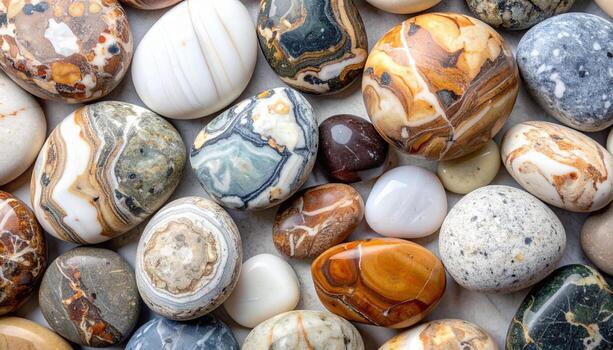 un diverso colección de liso, pulido piedras muestra un hermosa formación de colores, patrones, y texturas en un artístico de cerca acuerdo. foto