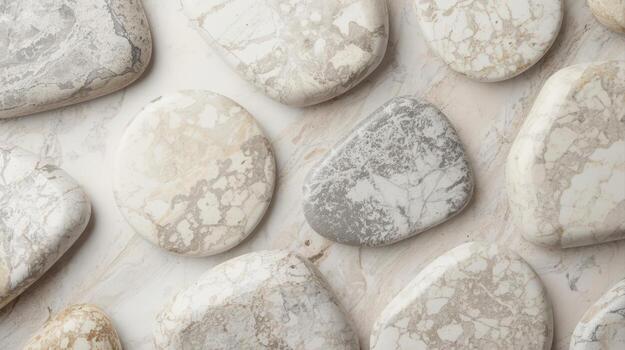 gastos generales ver revela un calmante formación de suave ligero gris y blanco piedras con sutil jaspeado patrones arreglado artísticamente en texturizado superficie. foto