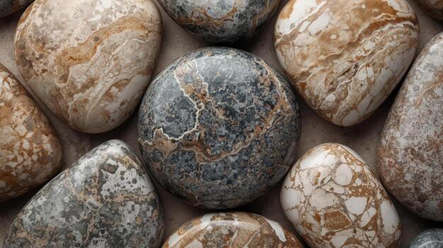 Smooth round stones with intricate natural patterns are arranged closely together, creating a textured and visually appealing composition. photo