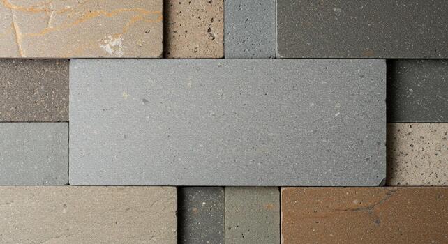 Close up showing assorted natural stone tiles laid in varied colors creating a textured abstract pattern suitable for backdrops and surfaces. photo