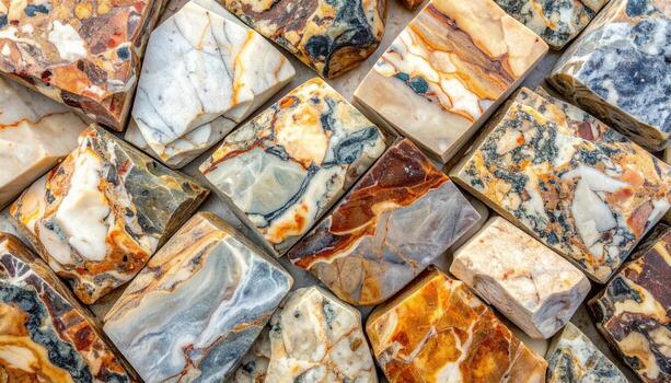 un hermosa colección de cayó jaspe piedras vitrinas su único patrones y terroso colores en un texturizado arreglo desde arriba. foto