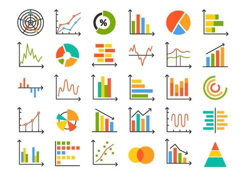 grafico y gráfico iconos diagrama y infografía elementos, negocio datos visualización con tarta gráficos, bar gráficos, línea diagramas y estadística informes. información análisis conjunto vector