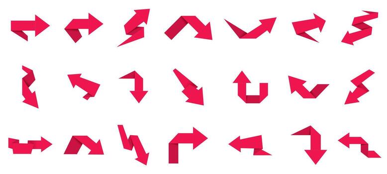 Red arrows. 3D direction pointers. Up, down and left, right origami paper ribbon arrow symbols. isolated set vector