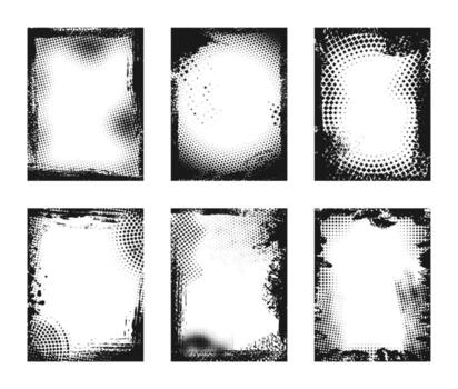 Grunge halftone borders. Mixed media frame overlays with black brush stroke and dotted abstract pattern for photo, poster and banner retro decoration. templates set vector